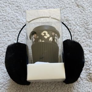 Black Fuzzy Faux Fur Ear Muffs Plush Soft plus Silver Black Mug Set Gifting NIB